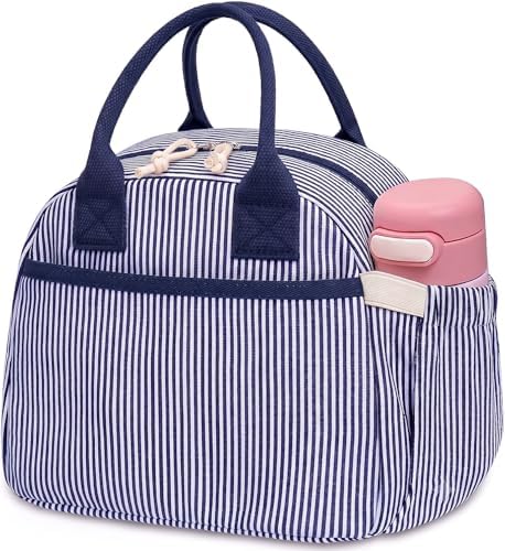 Carry bloom Lunch Box for Women, Insulated Lunch Bag Cute Corduroy Lunchbag Reusable Lunchbox for Work (1 navy blue stripes)