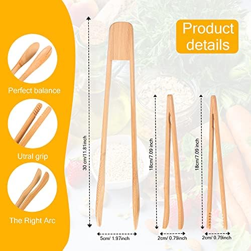 Zopeal 3 Pcs 7 and 12 Inch Bamboo Toaster Tongs, Wooden Tongs for Cooking