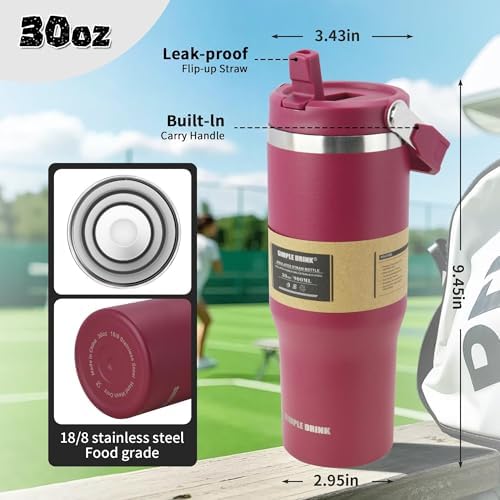 30oz Flip Straw Insulated Water Bottle with Handle, Leak Proof Stainless Steel Travel Tumbler With Lid, Double Wall Vacuum Iced Coffee Travel Mug, Sport Cup, Outside use