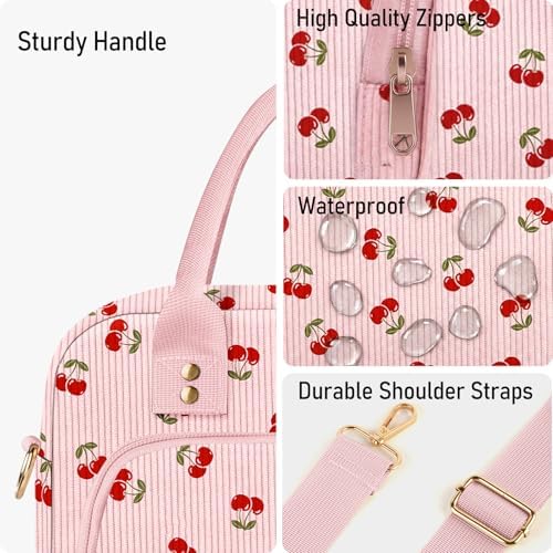 Lunch Bag Large Insulated Lunch Box for Women Adult Cute Pink Strawberry Lunchbox Corduroy Lunch Bags Boxes Pail with Shoulder Strap for Work Mom Picnic Office Travel 11.4×6.8×9.1 inches 11.5L
