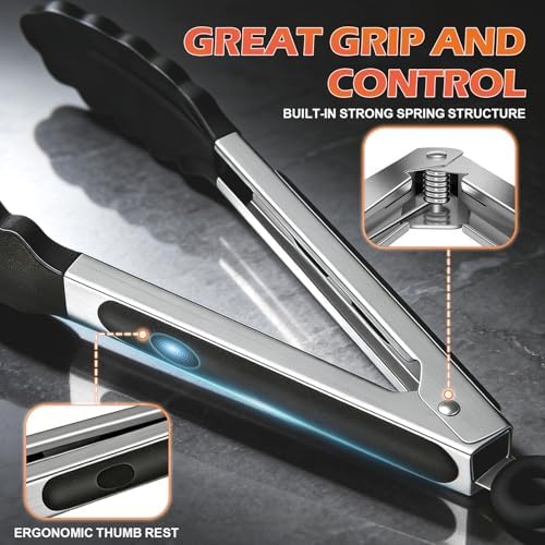 TACGEA Stainless Steel Kitchen Tongs with Silicone Tips, Locking Grilling Food Tongs, 7" 9" and 12", Set of 3 Black