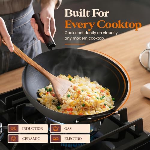 Carbon Steel Wok with Lid Ceramic Nonstick Flat Bottom Wok Pan Induction Compatible Stir Fry Wok Beech Wood Handle Glass Lid Healthy Cooking Wok for Gas Electric Ceramic Halogen Cooktops