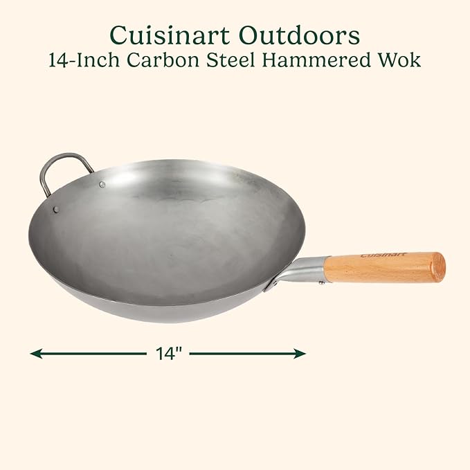 Cuisinart 14” Carbon Steel Hammered Wok, Traditional Round Bottom, Stir Fry Pan with Wooden & Helper Handle for Authentic Asian Cuisine, Wok Hei Cooking Perfect for Stir-Fry, Sauté & Deep Fry