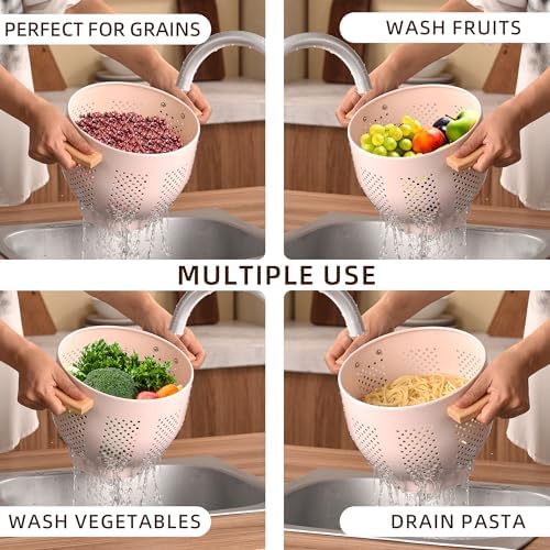 Metal Colander with Wood Handle and Stable Base, Powder Coated Steel Kitchen Strainer Basket for Draining Pasta, Vegetable and fruit(5.5quart,Pink)