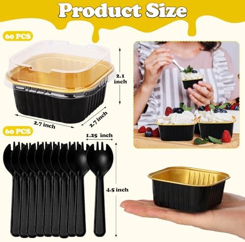 selizo 60 Pack 5oz Mini Disposable Cake Pans with Lids, Aluminum Foil Square Baking Cups, 3.5x3.5 Small Baking Cake Tins Cup Cake Containers with Lids for Individual Cakes, Black