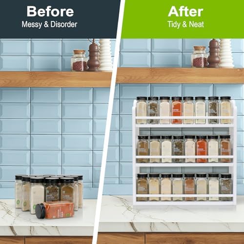 3-Tier Bamboo Spice Rack, Wall Mount & Countertop Spice Organizer