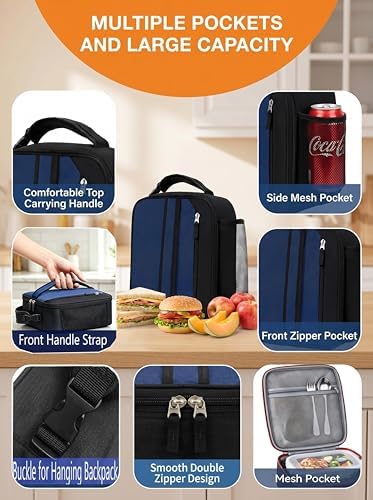 Lunch Box Insulated Lunch bag for Men Teen Kids Boys Adult Portable Stylish Small Lunchbox Special Design for Working Office school Picnic (Navy Blue 6L (Without Shoulder Straps))