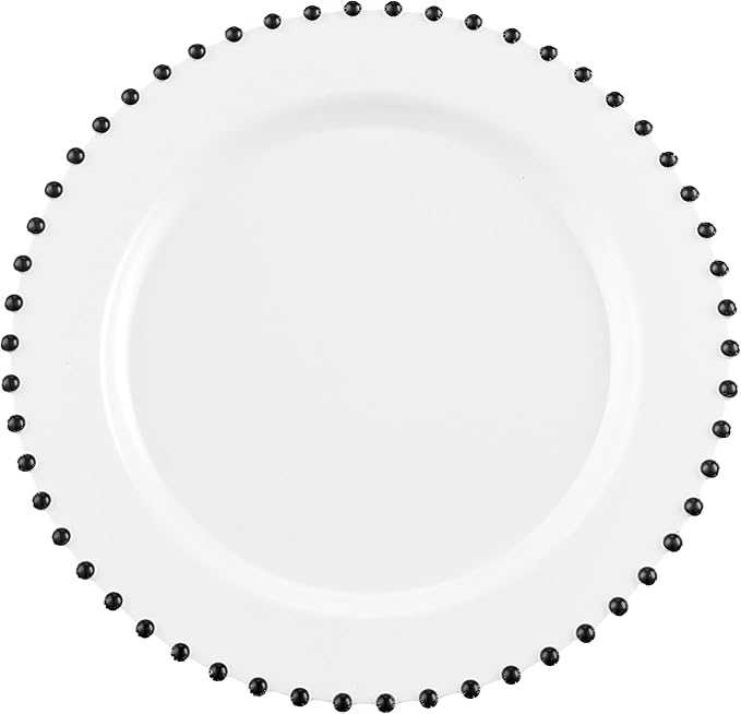 PLASTICPRO 64 Piece Combo Plastic Dinner Plates Disposable Plastic Fancy Heavy Duty Party Dishes 7 inch and 10 inch, White and Black Beaded