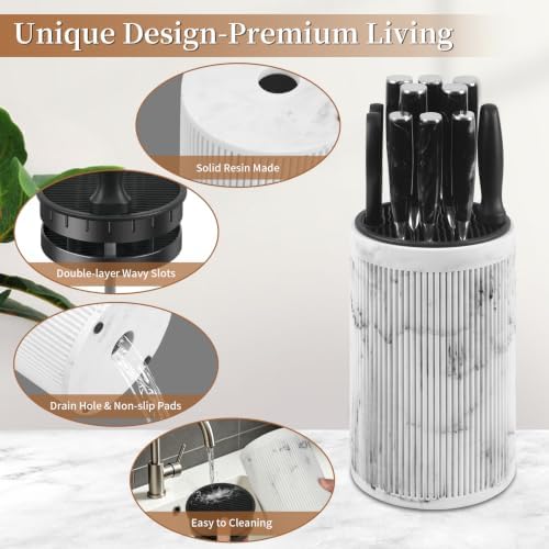 Universal Knife Block Without Knives,Sandstone Look,Round Knife Holder with Slots for Scissors & Sharpening Rod,Safe Space Saver Knives Storage Stand,Detachable Knife Organizer- Marble White