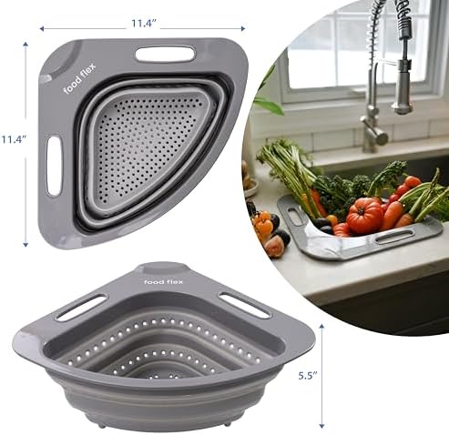 Collapsible Corner Colander – Space-Saving Over Sink Strainer, 3.5 Qt, Grey