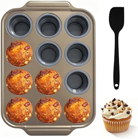 12-Cup Collapsible Silicone Muffin Pan with Metal Frame & Spatula - Space Saving Foldable Cupcake Tray - Easy Release Baking Mold for Egg Bites, Muffins & Tart - Dishwasher Safe Grey