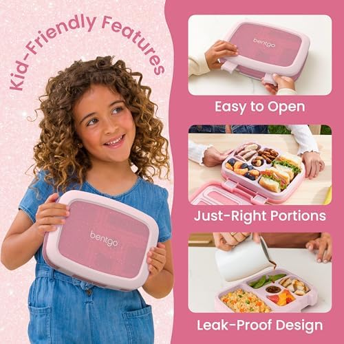 Bentgo Kids Bento-Style 5-Compartment Leak-Proof Lunch Box - Just-Right Portions Ages 3-7, Durable, Drop-Proof, Dishwasher Safe, PFAS & BPA-Free & Made with Food-Safe Materials (Petal Pink Glitter)