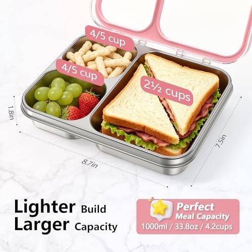 HOMEKOL Stainless Steel Bento Lunch Box 3-Compartment, 4.2Cups, Pink
