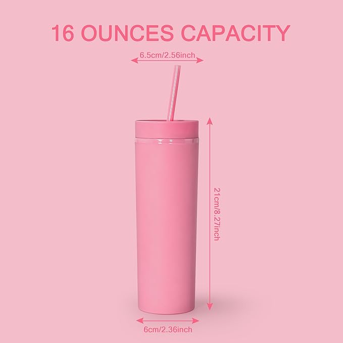 sweet grain Skinny Tumblers with Lids and Straws(6 Pack) - 16oz Matte Pastel Colored Skinny Acrylic Tumblers, Double Wall Plastic Tall Skinny Tumblers Bulk for Cold Hot Drinks - Pink