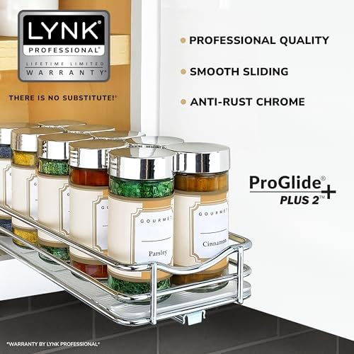 LYNK PROFESSIONAL® Pull Out Spice Organization for Cabinets - 4-3/8 inch Wide – Spice Rack for Inside Cabinets, Slide Out Spice Rack Organizer for cabinet – Pull Out Spice Rack, Sliding 1 Tier Chrome