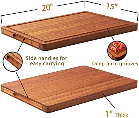 Allsum XL Cutting Board for Kitchen, 20x15" Extra Large, 1" Thick Bamboo Wood Butcher Chopping Block, Cheese Board, Durable Reversible with Juice Grooves and Handles