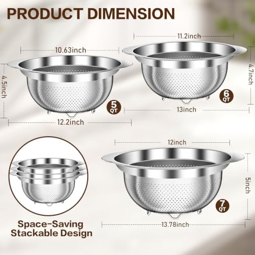 Large Strainers and Colanders, Big Stainless Steel Colanders for Kitchen, Stainless Steel Strainer Set of 3 (7 QT, 6 QT, 5 QT) for Draing Pasta Spaghetti Fruit Vegetable
