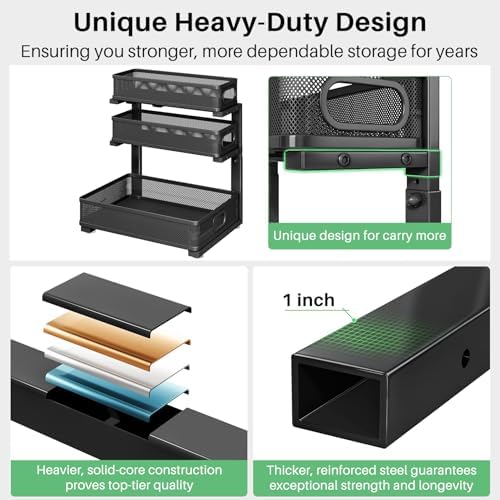 Kitstorack Under Sink Organizer, 2-Pack 3-Tier Height Adjustable Thickened Metal Pull out Cabinet Organizer Shelf, Slide out Storage Drawer Rack for Bathroom Kitchen Pantry Home Laundry Organization