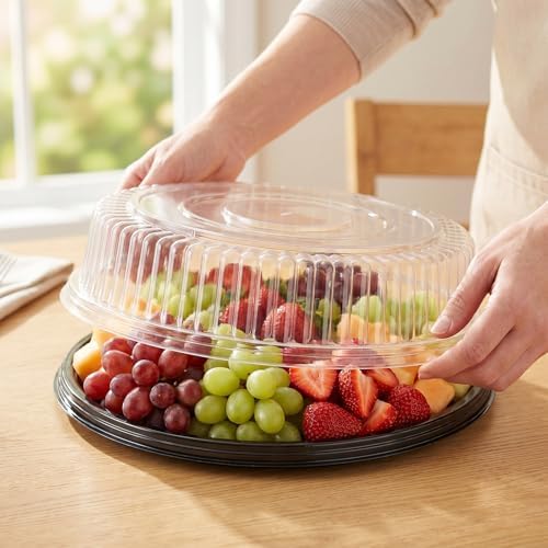 Frcctre 6 Pack 16 inch Plastic Serving Tray with Clear Lid, Heavy Duty Round Large Appetizer Serving Trays Catering Tray Party Platters for Vegetable Catering Picnic