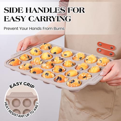 2 Pcs Silicone Muffin Pans for Baking with Metal Reinforced Frame, Nonstick Cupcake Tray for Oven, 24 Cups Mini Size Silicone Molds for Egg Bites, Dishwasher Safe (Brown, Cream)