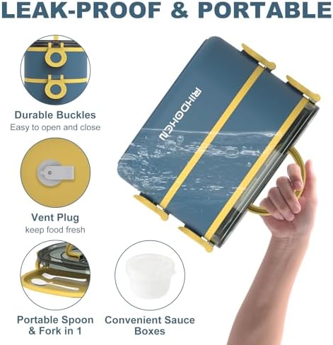 RIKDOKEN Lunch Box, Stackable 2 Layers Containers, Portable 64OZ Large Capacity Leakproof Bento Box with Spoon & Fork & Sauce Boxes, Microwave Safe Lunch Box for Kids and Adults
