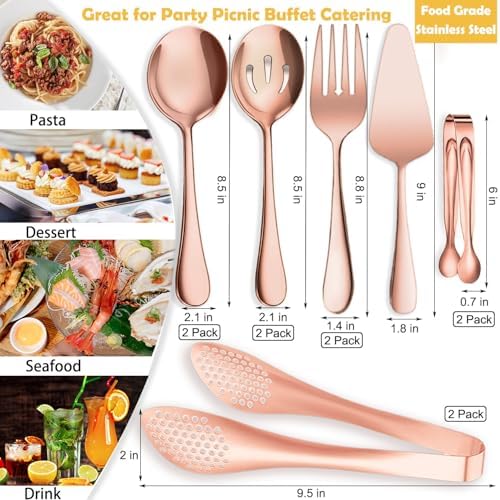 11 PCS Serving Utensils, Large Stainless Steel Spoons Forks Tongs, Pie Server, Great for Hostess Buffet Catering Banquet Party, Rose Gold
