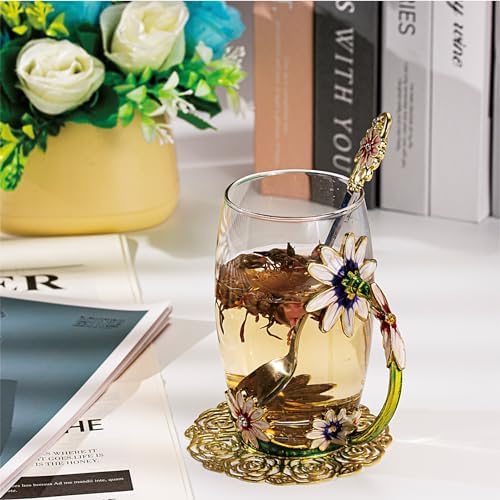 Flower Tea Cup ,Daisy Flower Clear Glass Fancy Coffee Mug with Spoon,Gift Box for Her Mom Wife Grandma Girls Friends Valentines Christmas Birthday Present Idea for Juice,Hot And Cold Drinks Use