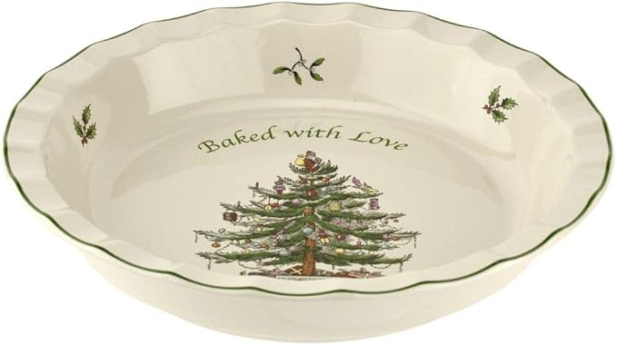 Spode Christmas Tree 10-Inch Pie Dish - Round Baking Dish for Holiday Desserts - Festive Stoneware Serveware for Christmas Table Setting - Dishwasher, Microwave & Oven Safe - Holiday Dishware
