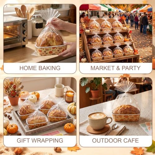 80 Sets Fall Paper Loaf Pan 6.3 x 2.2 x 2.2 Inch Disposable Mini Cake Pan with Clear Plastic Bags and Ties Rectangular Baking Mold for Thanksgiving Autumn Bread Brownies