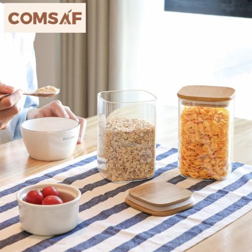 ComSaf Square Glass Containers with Lids 1.2 Qt, Set of 4 Pantry Glass Jars