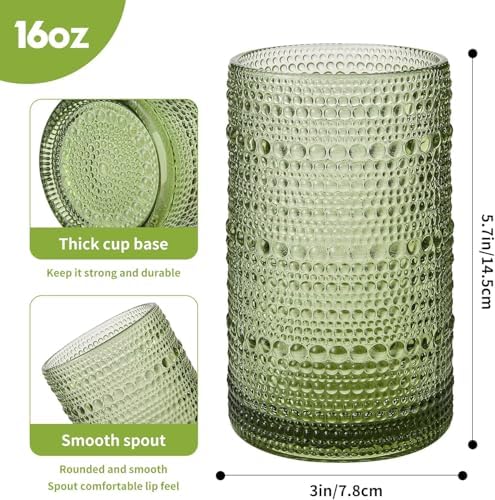 16oz Green Hobnail Drinking Glasses with Straws Set of 12, Highball Glasses Cups, Kitchen Water Glasses Cup, for Cocktail, Juice, Whiskey, Milk and Various Mixed Drinks