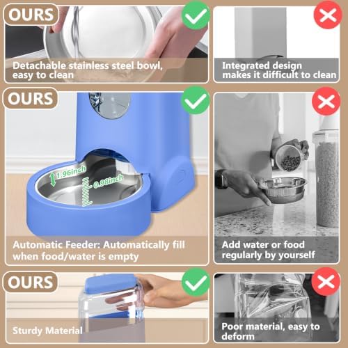 HWONMTE Portable Automatic Cat Feeder and Water Dispenser with Stainless Steel Bowl Dog Gravity Food Feeder and Waterer for Small Medium Pets Puppy Kitten 1 Gallon x 2 (Sapphire Blue)