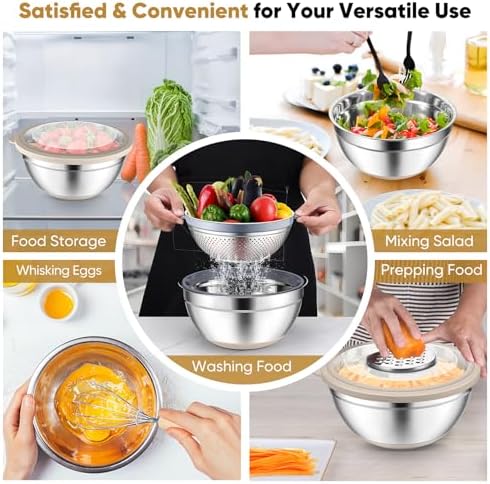 P&P CHEF Mixing Bowls with Lids, Metal Mixing Bowl with Colander, Khaki