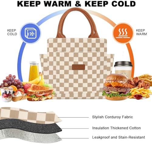 Joymee Lunch Bag for Women Insulated Corduroy Large Capacity- Checker Brown
