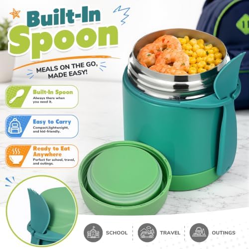 10oz Soup Thermo for Hot Food Kids,Lunch Thermo Kids Food Jar with Spoon Hot Insulated Food Containers,Leak Proof Stainless Steel Wide Mouth Lunch Thermo Jar for School(Green)