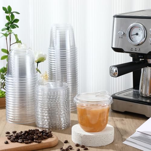 Baderke 50 Pcs Round Bottom Plastic Cups with Lids Clear Togo,10 Oz