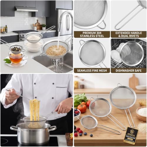 Fine Mesh Strainer Set 3-Piece,Stainless Steel Sifters 3.15"5.5"7.8"Kitchen