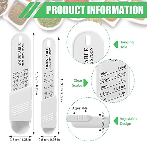 Meanplan 6 Pcs Adjustable Measuring Spoons, Baking Cooking, 2 Sizes, White