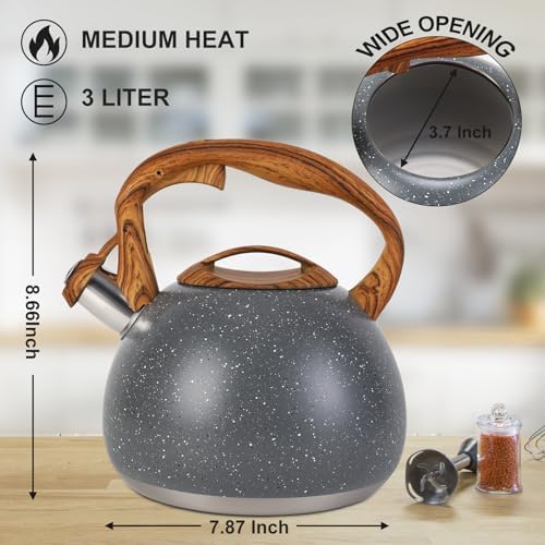Tea Kettle, Vegoran 100 OZ / 3 Liter Whistling Tea Kettle, Tea Pots for Stove Top Food Grade Stainless Steel with Wood Pattern Folding Handle, Loud Whistle Kettle for Tea, Coffee, Milk (Gray)