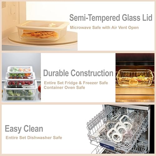 Urban Green Glass Food Container Set with Glass Lid, Large Meal Prep Container Set, Airtight Food Storage Containers with Air Vent Lid, 2 Pack, Large, 87oz, LeakProof, 100% Plastic Free, White color,