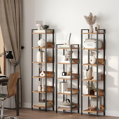 MAHANCRIS Bookshelf, 6-Tier Bookcase, Standing Book Shelf for Small Space, Storage Shelf Organizer, for Living Room, Bedroom, Study, Balcony, Rustic Brown and Black BKHR6601