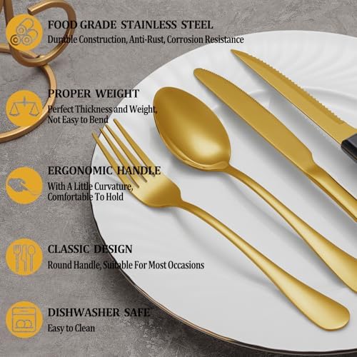 36 Pcs Gold Silverware Set with Steak Knives, Stainless Steel Flatware Cutlery Set for 6, Kitchen Tableware Sets, Utensil Sets for Home and Restaurant, Dishwasher Safe