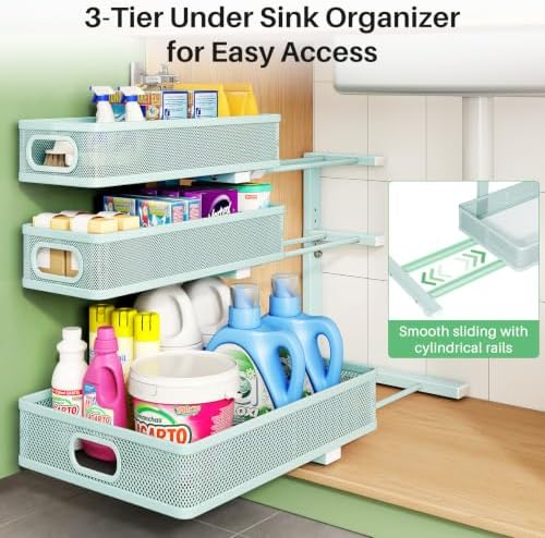 Under Sink Organizer, 2-Pack 3-Tier Height Adjustable Thickened Metal Pull out Cabinet Organizer Shelf, Slide out Storage Drawer Rack for Bathroom Kitchen Pantry Home Organization, LightBlue