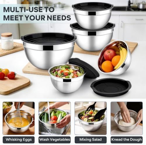 E-far Mixing Bowls with Lids Set, Stainless Steel Cooking Salad Bowl, Black