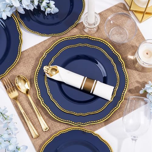 Hioasis 350 Pcs Blue and Gold Plastic Plates for Wedding & Party