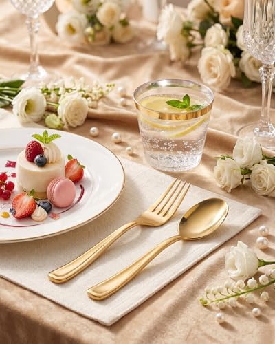 BUCLA 200-Piece Gold Plastic Silverware - Heavy Duty Disposable Cutlery Set - 100 Gold Plastic Forks & 100 Spoons for Catering, Party, Dinner, Wedding
