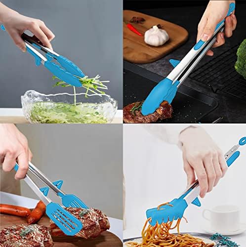 4 Pack Silicone Kitchen Cooking Tongs Set, Stainless Steel Nonstick Food Tong with BPA Free Silicone Tips for Serving Pasta Spaghetti Steak Pie Pizza Salad Vegetable Fruit Grilling BBQ Buffet 9" & 12"
