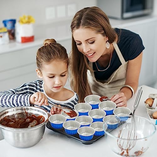 100Pcs Aluminum Cups with Lids,5oz Disposable Ramekin Baking Cups Muffin Liners Mini Pie Pans Foil Cupcake Containers for Christmas Party Wedding Party,Dark Blue