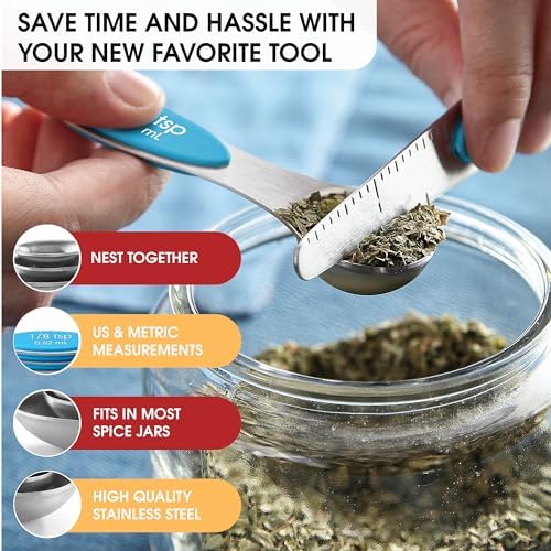 Spring Chef Stainless Steel 8 Magnetic Measuring Spoons for Kitchen, Teal
