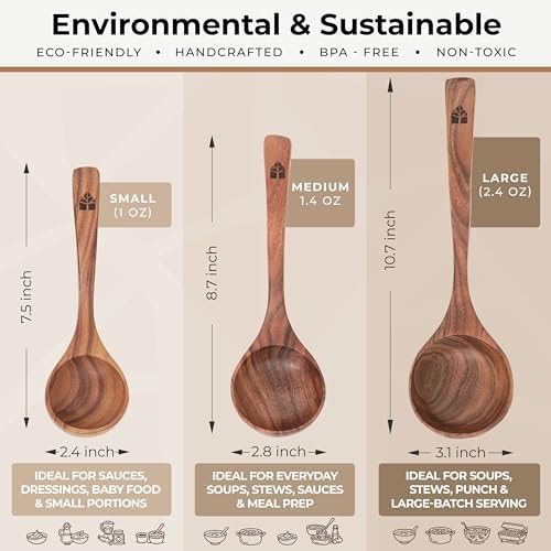 Wooden Ladle for Soup, 3 Size Teak Wood Ladle Spoon with Back Hooks